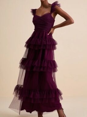 NWT-Pure Radiance Plum Purple Mesh Swiss Dot Tiered Maxi Dress